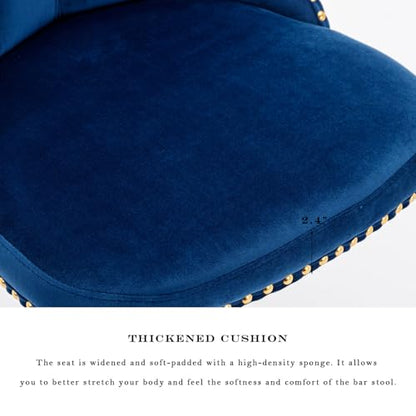 Velvet Bar Stool Set of 2, Adjustable Swivel Bar Stools with Gold Plated Metal Leg, Button Tufted, Footrest, Chrome Nailhead, Counter Height Chair for Kitchen, Bar, Dining Room (Blue) - color: Blue-gold Leg, size: Set of 2