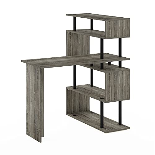 Furinno Classic Desk, 40" Wide L-Shape Gaming Desk, Computer Desk, Writing Desk with 5-Tier S-Shaped Side Shelves for Home Office, Study Room, Dorm, Bedroom, French Oak - color: French Oak/Black, style: 5-Tier Side Shelves