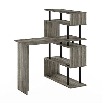 Furinno Classic Desk, 40" Wide L-Shape Gaming Desk, Computer Desk, Writing Desk with 5-Tier S-Shaped Side Shelves for Home Office, Study Room, Dorm, Bedroom, French Oak - color: French Oak/Black, style: 5-Tier Side Shelves