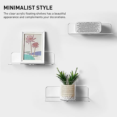 OAPRIRE Acrylic Floating Wall Shelves Clear, No Drill, 9 Inch 2 Pack | Strong Tape Adhesive Wall Shelf, Easy Installation, Hole Design with Cable Clips, Small Spaces Bedroom Bathroom Living Room - color: Fully Clear