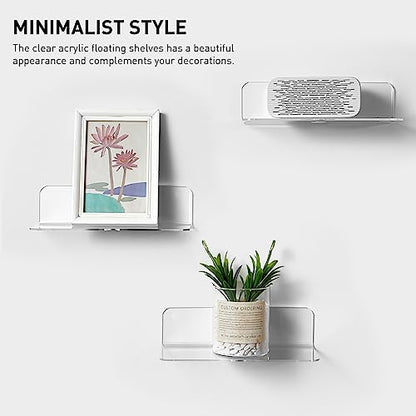 OAPRIRE Acrylic Floating Wall Shelves Clear, No Drill, 9 Inch 2 Pack | Strong Tape Adhesive Wall Shelf, Easy Installation, Hole Design with Cable Clips, Small Spaces Bedroom Bathroom Living Room - color: Fully Clear