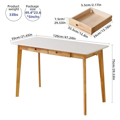 Aibiju Computer Desk with 2 Drawers, 47" Solid Wood Home Office Writing Desk, Compact Simple Tables with Hook for PC, Laptop, Students, Study, Makeup, Bedroom White + Natural Wood Legs YD-WD03WN - color: Table White + Natural Wood Legs, size: Length 47 in