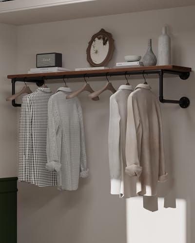 Clothes Rack 48in, Wall Mounted Garment Racks with Real Wood Shelf, Heavy Duty Hanging Clothes Rack, Multi-Purpose Hanging Rod, Space-Saving Closet Storage - color: Brown, size: 1T48IN