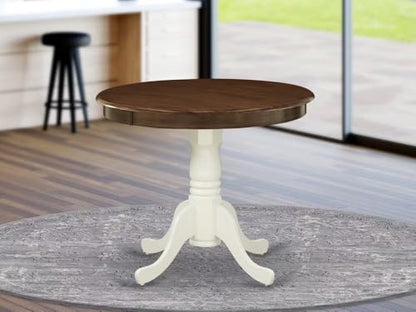 East West Furniture AMT-WLW-TP Antique Kitchen Dining Table - a Round Wooden Table Top with Pedestal Base, 36x36 Inch, Walnut & Linen White - color: Walnut & Linen White