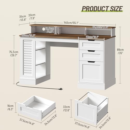55-inch Farmhouse Executive Desk with 2 Drawers and File Cabinet, Computer Desk with 3-Tier Storage Shelves, Home Office Desk with Charging Station, Pegboard & Monitor Shelf, White and Walnut - color: White and Walnut