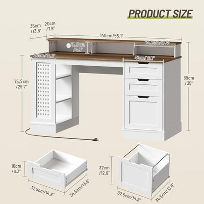 55-inch Farmhouse Executive Desk with 2 Drawers and File Cabinet, Computer Desk with 3-Tier Storage Shelves, Home Office Desk with Charging Station, Pegboard & Monitor Shelf, White and Walnut - color: White and Walnut
