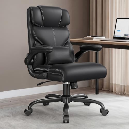 Office Chair, Executive Mid-Back Computer Desk Chair with Flip-up Armrests | 300 Lbs Ergonomic Leather Swivel PC Chair with Rock Function for Working Studying (Black) - color: Black