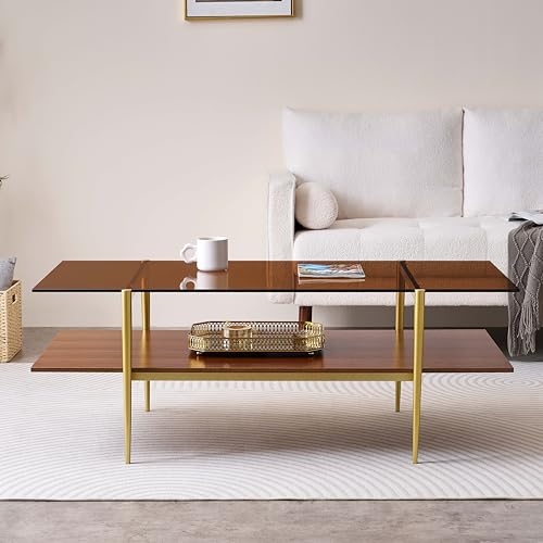 LumFurn X-Large L47in Rectangle Glass Coffee Table, Mid-Century Modern Design for Living Room, L47xW24xH17inch, Amber Glass and Walnut MDF Wood Shelf, Conical Legs with Gold Finish - color: L47" Amber & Walnut