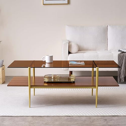 LumFurn X-Large L47in Rectangle Glass Coffee Table, Mid-Century Modern Design for Living Room, L47xW24xH17inch, Amber Glass and Walnut MDF Wood Shelf, Conical Legs with Gold Finish - color: L47" Amber & Walnut