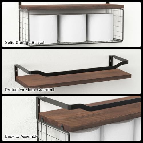 Floating Shelves with Wire Storage Basket, Bathroom Shelves Over Toilet with Protective Metal Guardrail, Wood Wall Shelves for Bathroom, Bedroom, Living Room, Toilet Paper- Dark Brown - color: Dark Brown