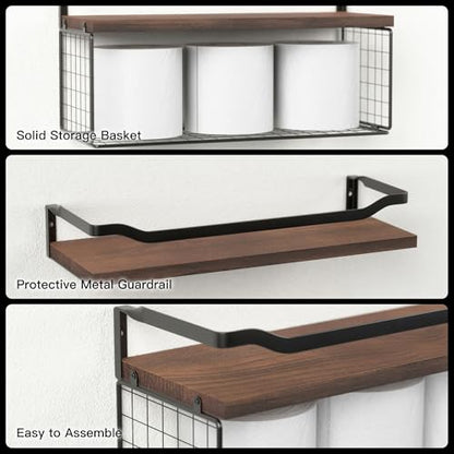 Floating Shelves with Wire Storage Basket, Bathroom Shelves Over Toilet with Protective Metal Guardrail, Wood Wall Shelves for Bathroom, Bedroom, Living Room, Toilet Paper- Dark Brown - color: Dark Brown