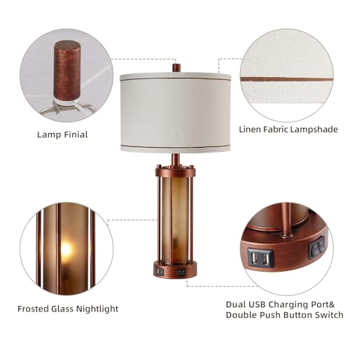 RORIA Set of 2 Farmhouse Table Lamps for Living Room with 2 USB Ports | Rustic Bedside Lamps, Bedroom Nightstand Lamp with Amber Frosted Glass Nightlight, Entryway, Office, 4 Bulbs Includes - color: Red Bronze