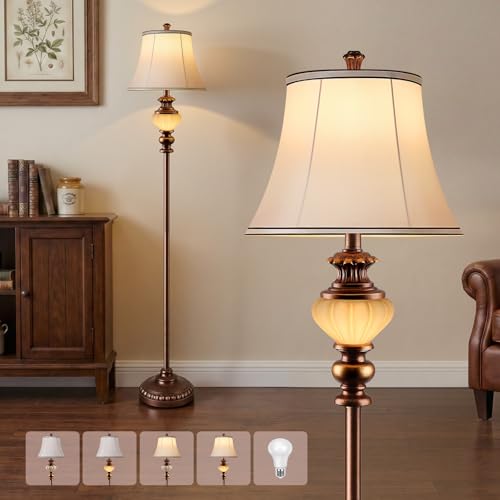65'' Vintage Floor Lamp for Living Room, Retro Farmhouse Standing Lamp with Nightlight, Tall Lamp with Fabric Shade and Rotary Switch for Bedroom Office Dining Room Corner(LED Bulb Included)