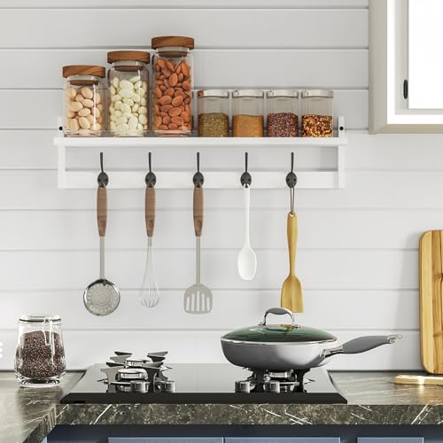 BAMEOS Wall-Mounted Wood Shelf with 5 Dual Hooks for Bathroom, Living Room, Bedroom (White-with Shelf) - style: White-28.9IN with shelf