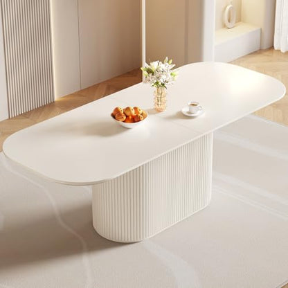 Guyii 86.61" Large Cream White Dining Table with Strong Pedestal Modern Oval Dining Room Table for 8 People Cream Kichen Table for Dining&Kichen Room Furniture - size: 86.61”