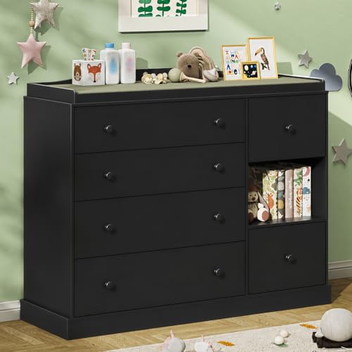 Kids Dresser Cabinet with 6 Drawers, Changing Table for Nursery with Shelf, Multi-Functional Chest of Drawers, Kids Bedroom Furniture, Nightstand for Children's Room, Black - color: Black