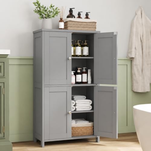 Nuturelly Bathroom Floor Storage Cabinet, 4 Doors, Anti-Tip, Grey | 23.7"D x 11.9"W x 42.6"H, Adjustable Shelves, Shaker style, 5-position Shelves, Anti-tip Kit, Rounded Corners, Easy Assembly - color: Grey