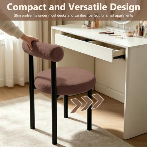 Cute Small Armless Desk Chair, Ergonomic Comfy Vanity Chairs Lumbar Support with Back for Makeup, Teddy Fabric Computer Desk Chair for Home, Bedroom, Vanity, Teens, Adults - color: Brown