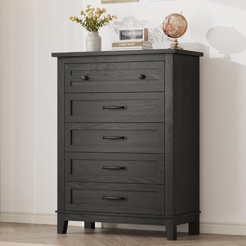 GarveeHome 5 Dresser for Bedroom, 41.3 in Tall Vertical Drawer Dresser with Large Storage, Freestanding Wooden Closet Chest for Bedroom, Living Room, Black - color: Dark Black, size: 15.8"D x 31.5"W x 41.3"H (5 Drawers)