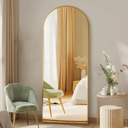 DUMOS 56"x15" Arched Full Length Mirror with Stand, Full Body Floor Mirror | Free Standing or Wall Mount, Nano Glass Aluminum Frame, Hanging or Leaning, Modern Simple Home Decor, Gold - color: Gold-arched, size: 56"L x 15"W