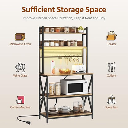 Yaheetech 5-Tier Bakers Rack with Power Outlet & LED Lights,Rustic Brown | 64 Inches Tall Microwave Oven Stand with Storage for Spices,Pots,Engineered Wood and Metal shelves,Coffee Bar Table - color: Rustic Brown