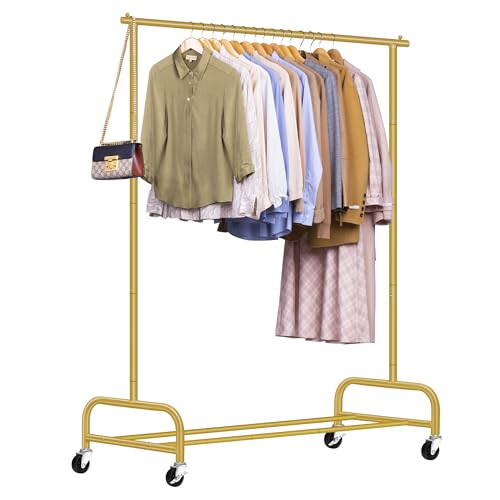 SLEEPING LAMB Heavy Duty Clothes Racks for Hanging Clothing Rack, 43" Wide Rolling Garment Rack Metal Wardrobe Rack with Wheels Closet Hanger Rack for Coats, Shirts, Dress (Gold) - color: Gold, style: Single Rod