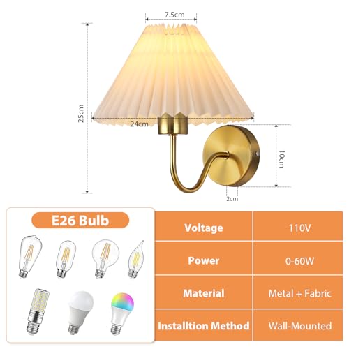 Gold Wall Sconces Sets of 2, Indoor Wall Light Fixtures with Fabric Lampshade, Pleated Fabric Wall Lamp Dresser Hardwired Lamp Wall Lighting Fixture for Bedroom Living Room Porch Dining Room | Wall Light Fixtures with Fabric Lampshade Dresser Hardwired La