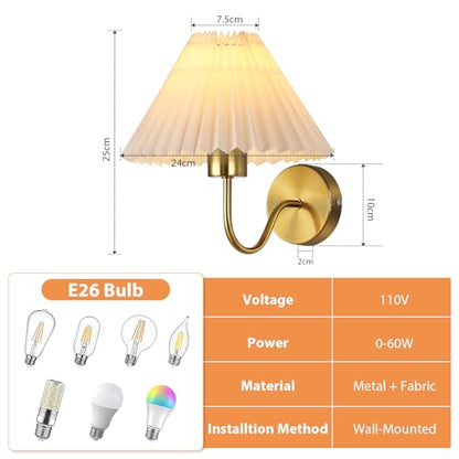 Gold Wall Sconces Sets of 2, Indoor Wall Light Fixtures with Fabric Lampshade, Pleated Fabric Wall Lamp Dresser Hardwired Lamp Wall Lighting Fixture for Bedroom Living Room Porch Dining Room | Wall Light Fixtures with Fabric Lampshade Dresser Hardwired La