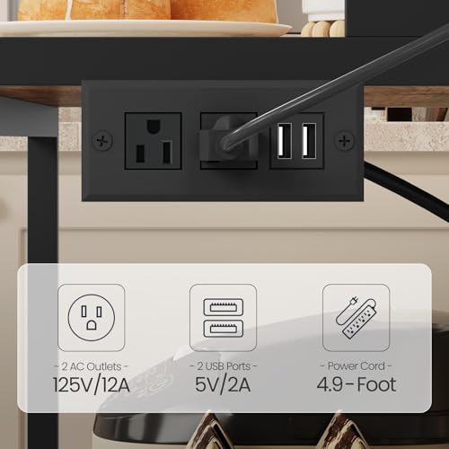 HOOBRO Bakers Rack with Storage Cabinet, 5-Tier Coffee Bar with Power Outlet and LED Lights, Industrial Microwave Oven Stand with Shelves, Kitchen Storage Shelf, Rustic Brown and Black BF13UDHB01 - color: Rustic Brown + Black