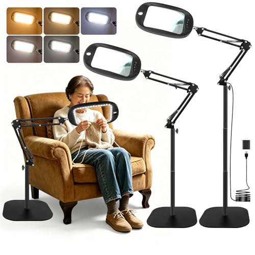 10X 30X Large Floor Magnifying Glass with Light and Stand | with 45 LED Lights, 5 Color Modes, Hands Free Magnifying Lamp for Close Work, Magnifiers for Reading Sewing, Crafts, Hobbies