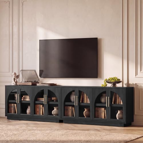 Fatmok 30.7" Tall Modern TV Stand with Arched Glass Doors,Grey Black Oak | Set of 2,Detachable Gold Handles,Adjustable Shelves,FSC Wood,Media Console Cabinet,Entertainment Center for Living Room - color: Bb-black Grey