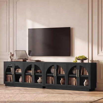 Fatmok 30.7" Tall Modern TV Stand with Arched Glass Doors,Grey Black Oak | Set of 2,Detachable Gold Handles,Adjustable Shelves,FSC Wood,Media Console Cabinet,Entertainment Center for Living Room - color: Bb-black Grey