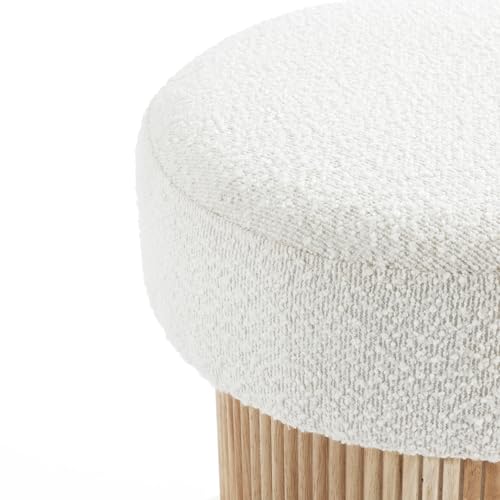 LuxenHome 15.5" Small Storage Ottoman with Padded Seat and Fluted Wood Base | Upholstered Footstool, Hidden Storage, Ivory Padded Seat, Fluted Wood Base, Vanity Stool, Small Footrest Stool