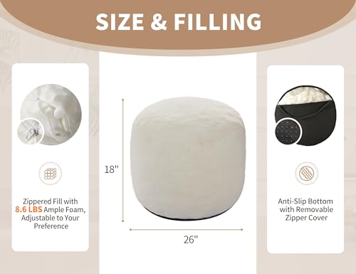 WSOFRLAC Pouf Ottoman Foot Rest 26"x18" Footstools and Ottomans Small with Filling Cream, Small Beige Ottoman Foot Rest Ivory Poofy Stool Soft Poofs/Ottomans Furniture Living Room Ottom Footstool - color: Beige, size: 26"D x 26"W x 18"H