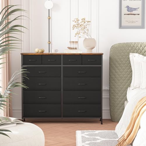 VASICAR Dresser for Bedroom with 12 Drawers, Tall Fabric Drawer Dressers | Storage Organizer Cabinet, Compact Chest of Drawers for Closet, Nursery, Living Room, Laundry, Entryway, Apartment (Black) - color: Rustic Black