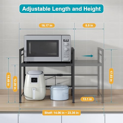 DOLALIKE Microwave Oven Rack, Expandable Microwave Stand Countertop Kitchen Utensils Tableware Storage, Carbon Steel Over Microwave Shelf Countertop with 3 Hooks | Adjustable Microwave Oven Rack Metal Storage Shelf for Pans Small Appliances Kitchen Utensi