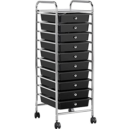 Yaheetech 10-Drawer Rolling Storage Cart with Wheels, Slim Organizer, Black | Ten see-through drawers plus a top shelf organize craft, office, and art gear; slim steel frame, locking wheels, easy setup. - color: Black, style: 10 Drawers