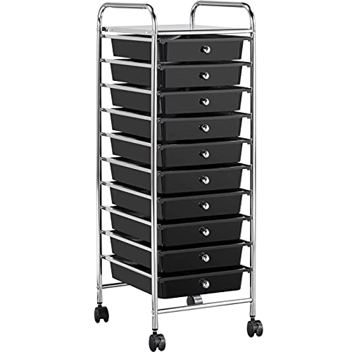 Yaheetech 10-Drawer Rolling Storage Cart with Wheels, Slim Organizer, Black | Ten see-through drawers plus a top shelf organize craft, office, and art gear; slim steel frame, locking wheels, easy setup. - color: Black, style: 10 Drawers
