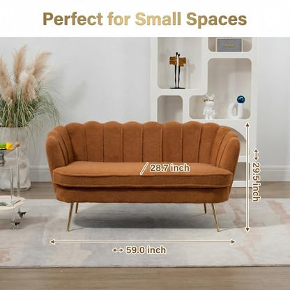Modern Boucle Loveseat Couch,Futon Small Sofa with Gold Metal Legs | 2-Seater Upholstered Mini Sofa Couches for Small Space,Living Room Bedroom Office Dorm Studio Apartment Love Seat Couche - color: Brown