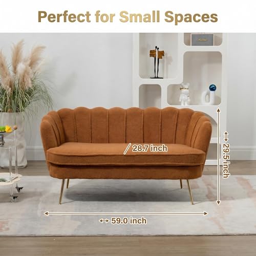 Modern Boucle Loveseat Couch,Futon Small Sofa with Gold Metal Legs | 2-Seater Upholstered Mini Sofa Couches for Small Space,Living Room Bedroom Office Dorm Studio Apartment Love Seat Couche - color: Brown