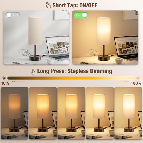 Brown Touch Bedside Lamp for Bedroom, Stepless Dimmable, USB A+C, AC Outlet | Base Touch Button Only, Memory Brightness, Ultra-dim Night Light, Included Bulb for Optimal Dimming, Beige Fabric Shade, Desk - color: Beige & Brown