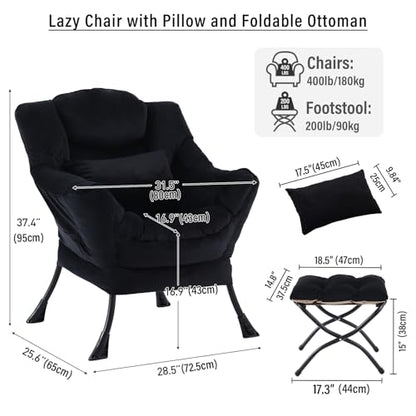 Lazy Chair with Ottoman, Velvet Reading Chair with Pillow， Black | Comfy Accent Lounge Chair with Pillow & folding Foot Stool, sturdy metal frame for bedroom, dorm or apartment, Living Room - color: Pure Black
