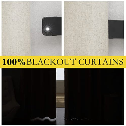 NICETOWN Natural Thick Linen Blend 100% Blackout Curtains 70" Long 2 Panels Set for Bedroom, 34" Wide, Rustic Grommet Thermal Insulated Flax Textured Full Blackout Window Draperies with White Liners - color: Natural, size: 34"W x 70"L (Pack of 2)