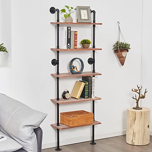 Industrial Pipe Bookshelf, Wall Mounted Shelf, 24 Inch, Weathered Brown | 5 Tier Open Bookcase, Solid pine wood, black iron pipe frame, 30 lbs per shelf, for books, kitchen, office decor - color: Weathered Brown, size: 24 Inch