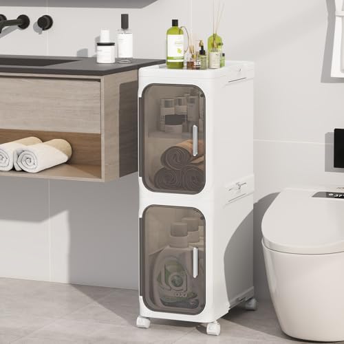 2 Tier Slim Bathroom Storage Cabinet, Foldable and Movable, White | Tools Free, ABS and PET, Magnetic Clear Door, Adjustable Shelves, Lockable Wheels, Water Resistant, For Narrow Space - color: White, size: 2 Tiers