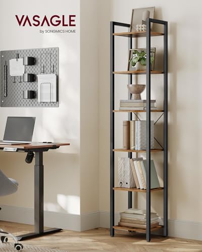 VASAGLE 6-Tier Bookshelf, Bookcase with Steel Frame | Book Shelf, 15.6 x 11.8 x 73.6 Inches, Living Room, Home Office, Rustic Brown and Matte Black, BARNET Collection ULLS101B01 - color: Rustic Brown + Ink Black, size: 6 Tiers (11.8"D x 15.7"W x 73.2"H)