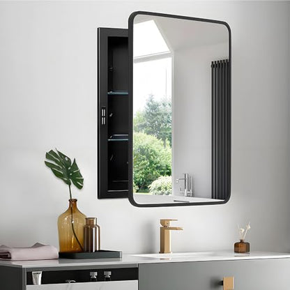 18x26 Medicine Cabinet with Mirror, Bathroom Storage Cabinet Mirror | Wall-Mounted or Recessed, Black Metal Frame, Adjustable Glass Shelves, Bathroom Vanity Mirror with Storage - size: 18"W x 26"H