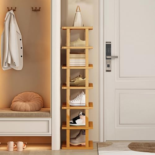 Wood Shoe Rack 5/7/8 Tier - Vertical Shoe Rack for Small Spaces, Tall Narrow Shoe Rack Organizer for Closet Entryway Corner Garage and Bedroom, Skinny Shoe Shelf with Free Stackable DIY (M) - size: Medium