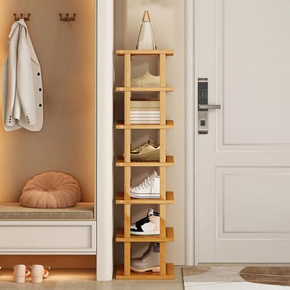 Wood Shoe Rack 5/7/8 Tier - Vertical Shoe Rack for Small Spaces, Tall Narrow Shoe Rack Organizer for Closet Entryway Corner Garage and Bedroom, Skinny Shoe Shelf with Free Stackable DIY (M) - size: Medium