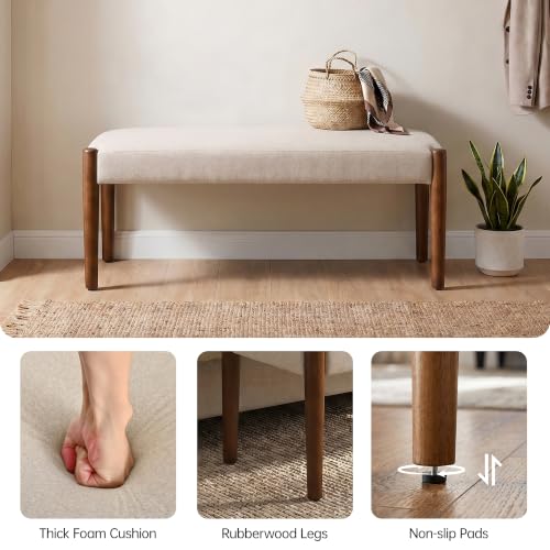 Usaint 42" End of Bed Bench with Wood Legs, Beige with Walnut Leg | Modern Upholstered Bedroom Bench with Rubberwood Legs, Entryway Bench with Cushion, Dining Bench for Living Room, Bedroom - color: Beige With Walnut Leg